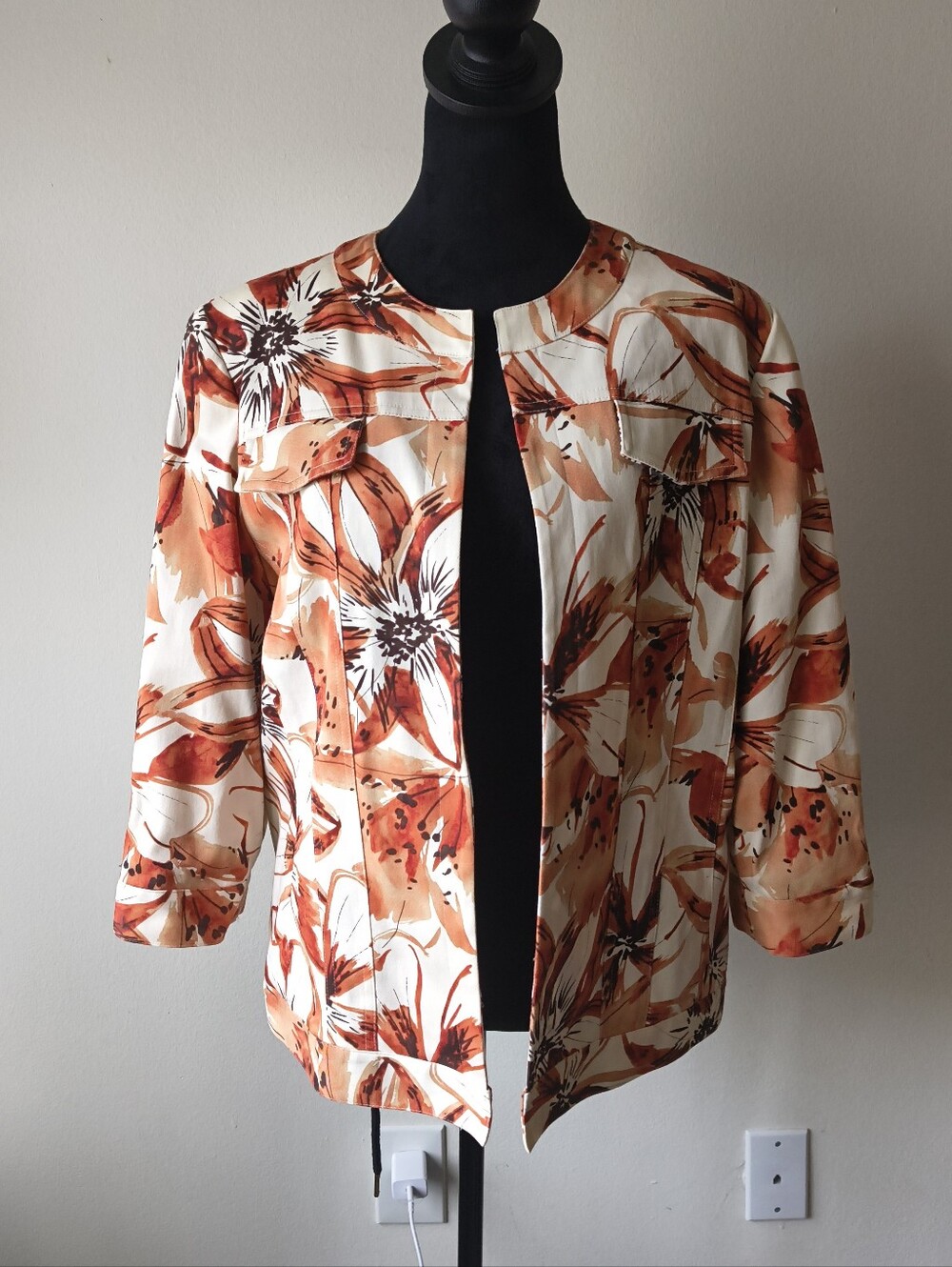 Alfred Dunner Floral Open Front Jacket Orange White Faux Pocket Size 12 Petite